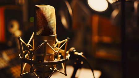 A condenser studio microphone with a shock mount in a music studio, representing the musical concept with asymmetrical composition and copy spaceの素材