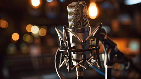 A condenser studio microphone with a shock mount in a music studio, representing the musical concept with asymmetrical composition and copy spaceの素材