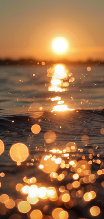 Sunset bokeh on water: golden sky over a body of water, with the light reflecting and creating a bokeh effect.の素材