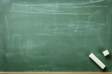 First-class, An empty green chalkboard with an eraser and white chalk, ready for Teachers Dayの素材