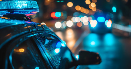police car lights at night in city street with selective focus and bokehの素材