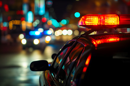 police car lights at night in city street with selective focus and bokehの素材