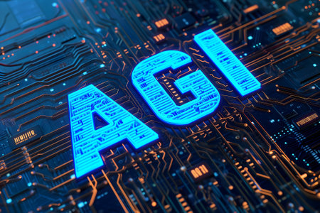 AGI - artificial general intelligence - word on circuit board with blue and orange glowの素材