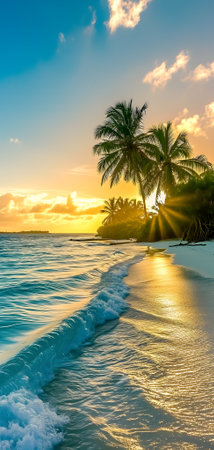 tropical beach view at sunset or sunrise with white sand, turquoise water and palm treesの素材