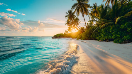 tropical beach view at sunset or sunrise with white sand, turquoise water and palm treesの素材