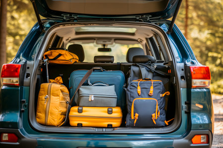 modern SUV car trunk open and full of suitcases and bags to return from summer holidaysの素材