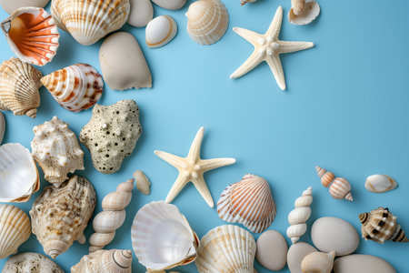 Seashells, pebbles, mockup on blue background. Blank, top view, still life, flat lay. Sea vacation travel concept tourism and resorts. Summer holidays.の素材