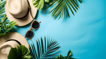 Hats, sunglasses, palm tree leaves on blue background. Blank, top view, still life, flat lay. Sea vacation travel concept tourism and resorts. Summer holidays.の素材