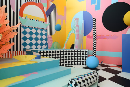 abstract background of playful convergence of 2D pop-art graphics and 3D geometric shapes creating a vibrant multiverse portal, embodying high-energy and big-impact visualsの素材