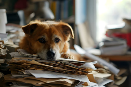 dog in an office, overwhelmed by a mountains of paperworkの素材