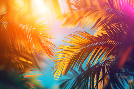 Vibrant sunny backdrop palm leaves with golden sun light.の素材