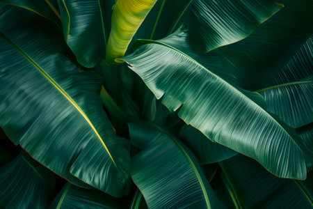 Abstract tropical banana leaves dark green full-frame backgroundの素材