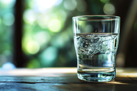 glass of clean drinking water with selective sharp focus on wooden table with blurry green foliage at sunny day backgroundの素材