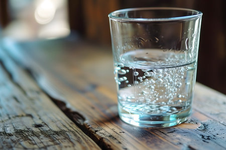 glass of clean drinking water on wooden surface with selective sharp focusの素材