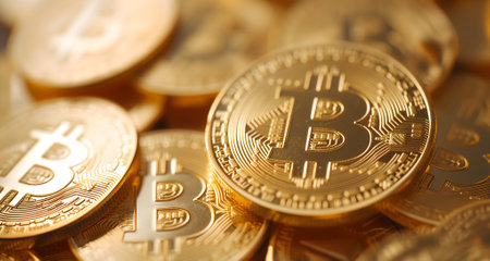 Golden bitcoin shiners closeup full-frame background.の素材