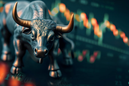 bull with stock market chart in the backgroundの素材