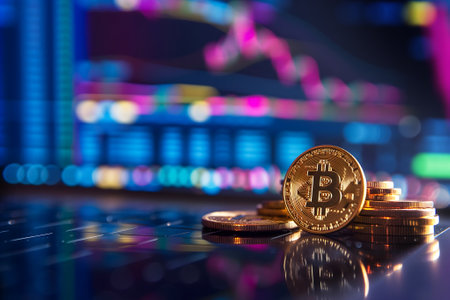 Bitcoin shiners in front of price charts in blurry backgroundの素材