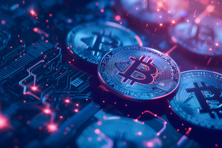 bitcoin shiners laid over circuit boardの素材