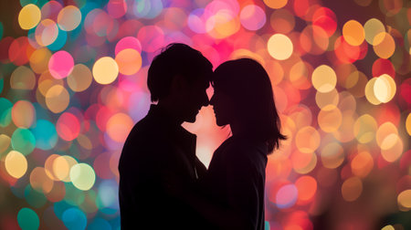 silhouette of a couple with a colorful bokeh backgroundの素材