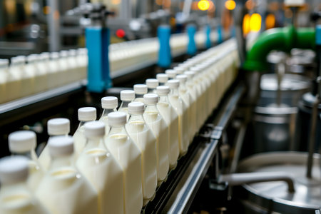 Factory line for processing and bottling of milk. Selective focus.の素材