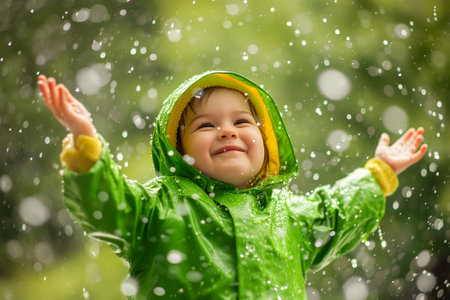 Happy child in green raincoat enjoying rain.の素材