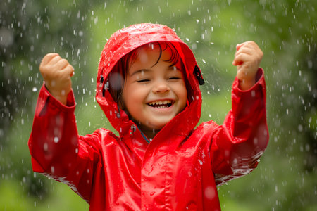 Happy child in red raincoat enjoying rain.の素材