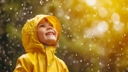 Happy child in yellow raincoat enjoying rain.の素材