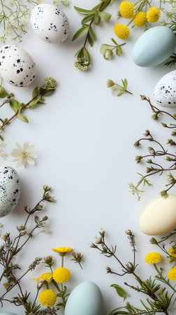 Easter eggs day background with copy space, high angle view.の素材