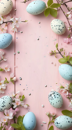 Easter eggs day background with copy space, high angle view.の素材