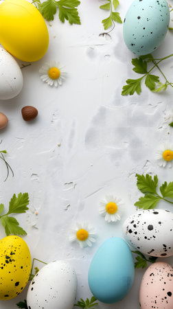 Easter eggs day background with copy space, high angle view.の素材
