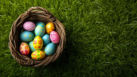 Easter basket with colorful eggs on a background of green grass meadow, high angle viewの素材