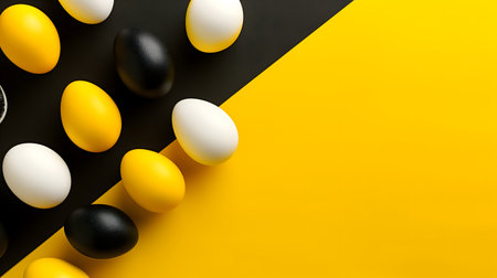Golden, black, white Easter eggs on a yellow-black background. geometry. Minimal concept. View from above.の素材
