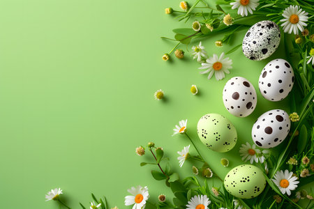 Easter eggs day background with copy space, high angle view.の素材