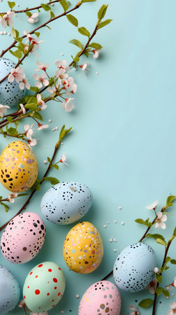 Easter eggs day background with copy space, high angle view.の素材