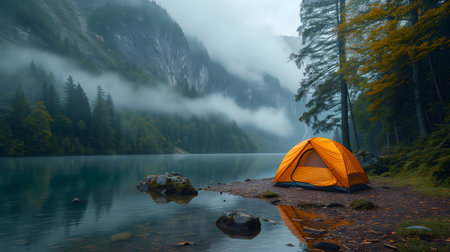 Close-up of a tent in the foreground and mountains with fog in the background with a lake or river in the foreground.の素材