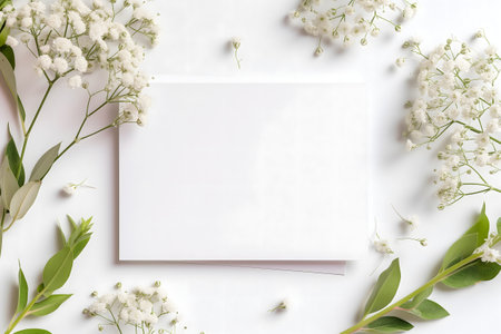 white greeting card with flowers mock up high angle view directly above decorationの素材