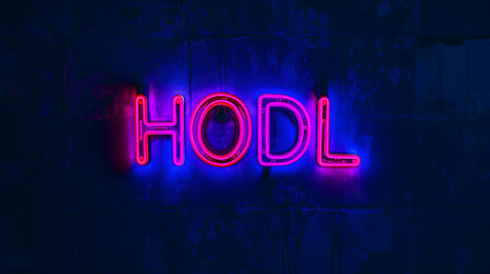 Neon inscription HODL on dark shabby wallの素材