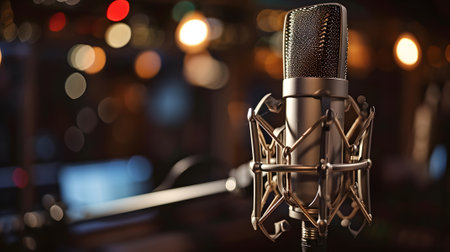 A condenser studio microphone with a shock mount in a music studio, representing the musical concept with asymmetrical composition and copy spaceの素材