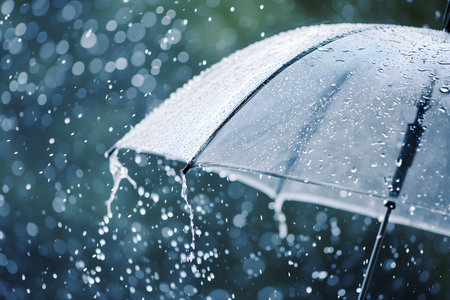 Close up, transparent umbrella under rainfall against a background of water droplets splashing. Concept of rainy weather.の素材