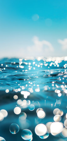 Sunny day bokeh on water: Blue sky over a turquoise body of water, with the light reflecting and creating a bokeh effect.の素材
