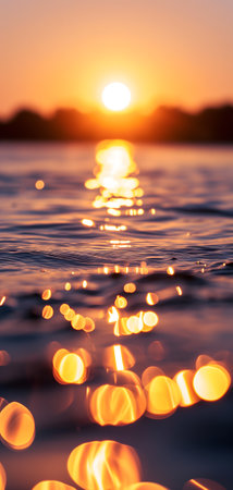 Sunset bokeh on water: golden sky over a body of water, with the light reflecting and creating a bokeh effect.の素材