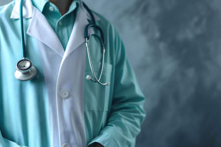 Abstract Medical Doctor, Symbolizing Compassion and Expertise asymmetrical composition with copy space.の素材