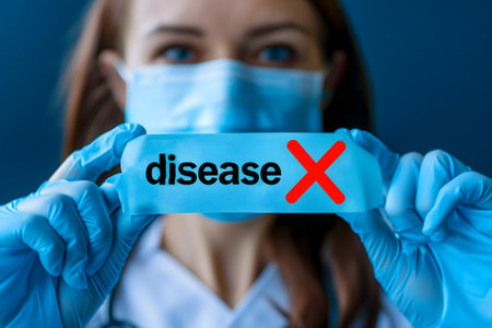 medical woman with face mask holding sign with inscription disease Xの素材