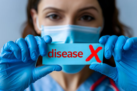 medical woman with face mask holding sign with inscription disease Xの素材