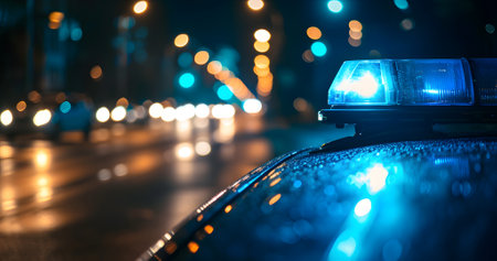police car lights at night in city street with selective focus and bokehの素材