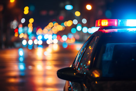 police car lights at night in city street with selective focus and bokehの素材