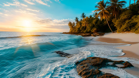 tropical beach view at sunset or sunrise with white sand, turquoise water and palm treesの素材