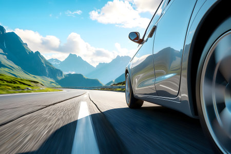 Car traveling with a mountain road at summer day.の素材