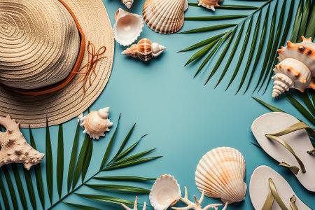 Hat, flip-flops, palm tree leaves on blue background. Blank, top view, still life, flat lay. Sea vacation travel concept tourism and resorts. Summer holidays.の素材