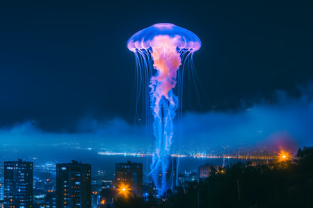 Glowing blue jellyfish UFO over night cityの素材